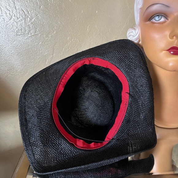 EYE-CATCHING 194Os\' BLACK STRAW FEDORA + WIDE BAND & YELLOW/BLACK FEATHERS main image 13